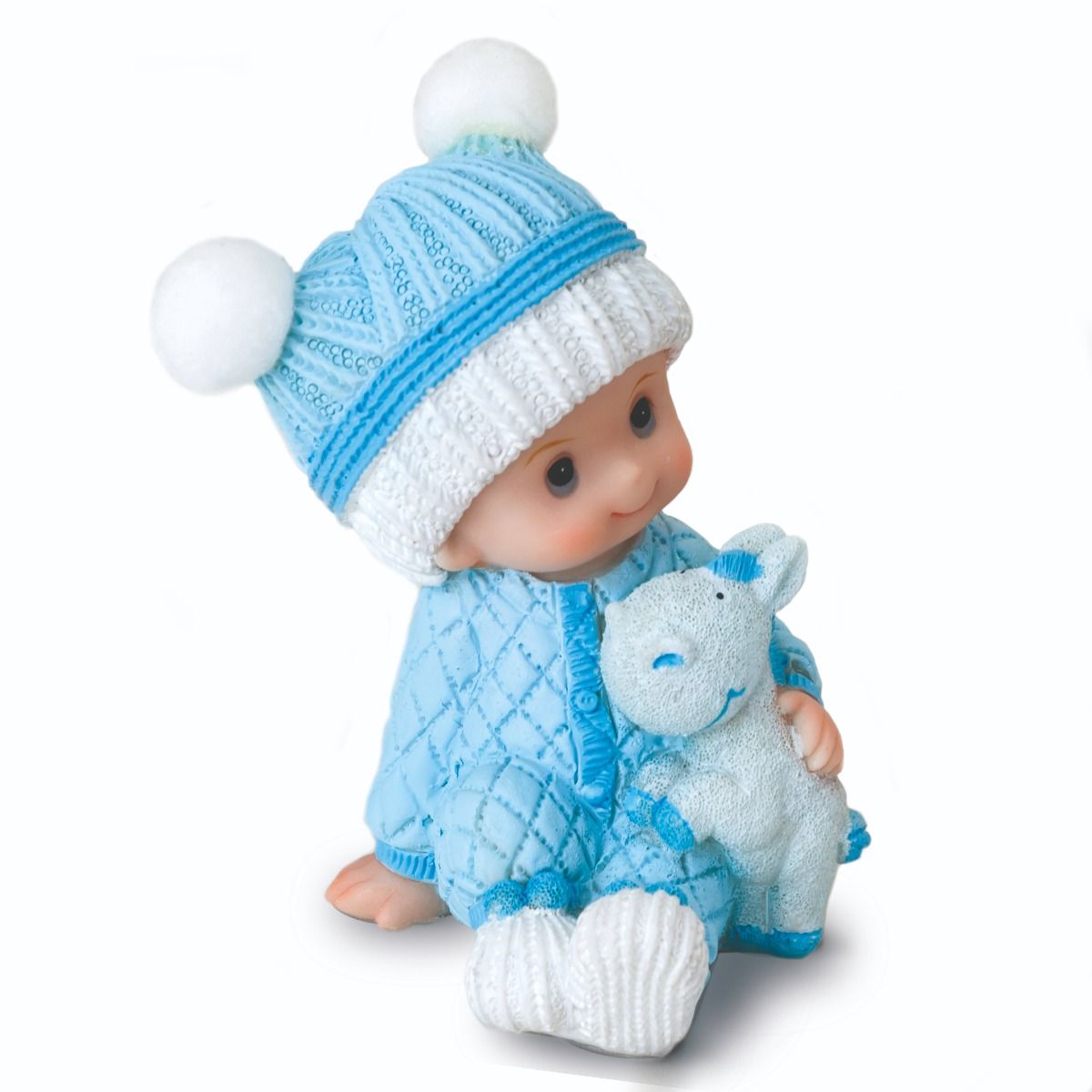 Figurine Gateau Resine 10cm Bebe Garcon Bleu Assis Peluche Mopec