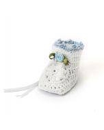 Botita ganchillo blanca flor azul 3,5x4x5cm, min.6