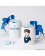 Taza cerámica Primera Comunión niño marinero 7 caramelos disponible en varios idiomas