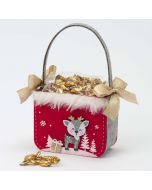 Red felt basket 23cm. (handles) Gray Fawn and 25 minifruits