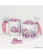 Tazza in ceramica gnomi rosa, 6 cioccolatini e scatola regalo