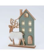 Green felt house and wooden reindeer with Led 25cm