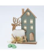 Green felt house and wooden reindeer Led 4 torinos 25cm.
