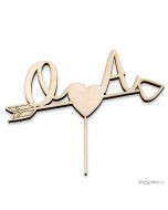 Cake topper wooden initials and arrow heart 12cm. aprox.