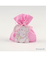 Colgante madera elefante rosa en saco topos rosa 5pel.