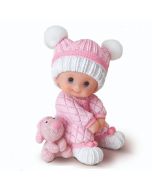 Figurine gâteau résine 10cm bébé fille rose assise peluche