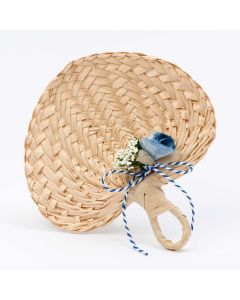 Woven palm fan 13x14cm with blue decoration