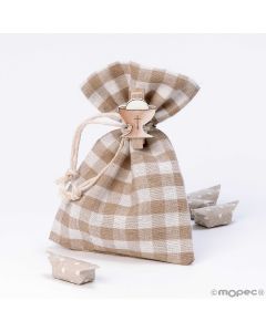 Borsa quadretti beige con fermacalice e 4 caramell 10x14 cm