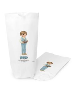 White paper bag boy vest and bible 12x21X5cm.