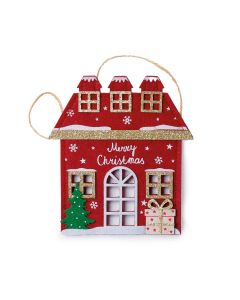Ciondolo Merry Christmas House in feltro e lamé oro 16,5 cm