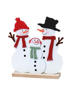 Snowman family figure with wooden base 18cm