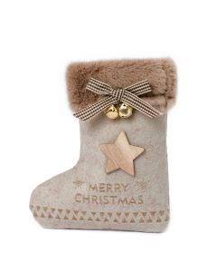 Calcetín beige 16cm. Merry Christmas estrella y cascabeles