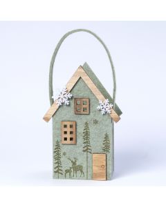 Cesto fieltro casa verde detalles madera  23cm.