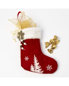 Chaussette de Noël rouge motif sapin et flocons dorés 5 chocolats croki-chocs