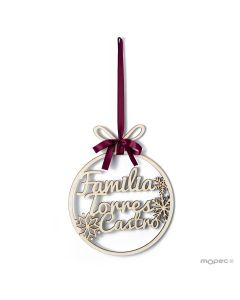 Bola madera personalizado 2 nombres, cinta de colgar 20cm.ø