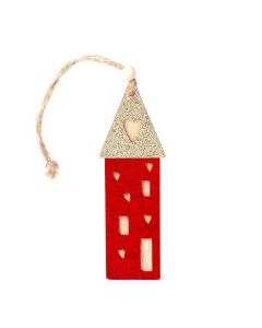 Colgante madera 13cm. casa fieltro roja y tejado oro, min.6