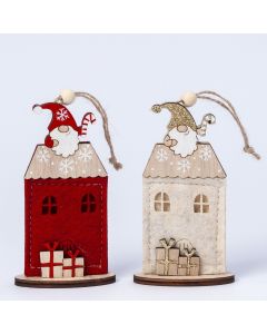 Colgante casita Papa Noel tejado rojo/beige 11,3cm. ,min.6