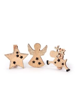 Pinza de madera navideña dorada, estrella, reno y ángel