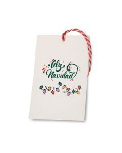 Carte 6x10 cm Joyeux Noël Lumières colorées avec ruban, minimum 25 unités, disponible en plusieurs langues.
