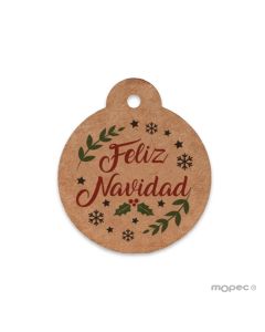 Tarjeta bola de Abeto kraft con orla y texto navideño Ø4,7cm(preciox20u) min.20