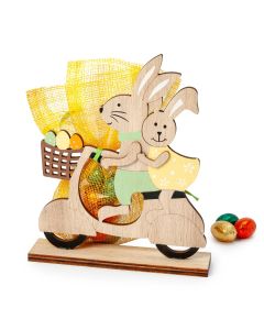 Figura madera Pascua conejitos en moto 10 huevos praliné