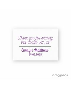Tarjeta precortada Thank you for sharing ......texto lila y verde 5x3,5cm.
