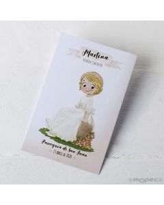 Estampa niña Comunión sentada en banco, precio 25u.