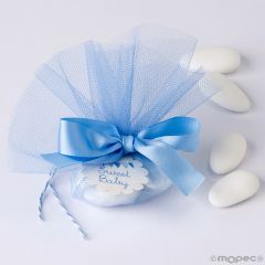 Bouquet tul azul con tarjeta y 4 peladillas almendra