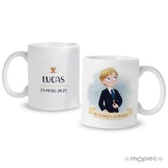 Porcelain mug decorated with a First Communion boy dressed in shorts. 