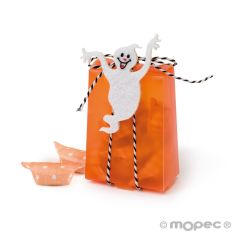 Orange box decorated with a ghost and 8 candies