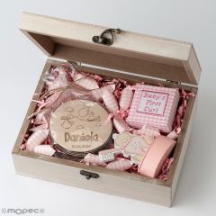 Pack regalo cofre madera personalizado cigüeña en rosa o azul para nacimiento