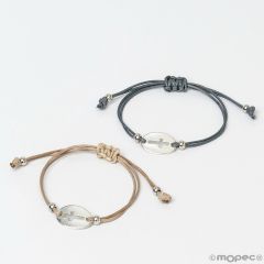 Bracelet croix en métal avec cordon effet cuir gris/beige