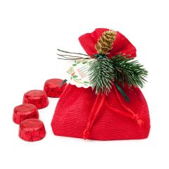 Sac rouge en coton avec 4 chocolats et carte Joyeux Noël disponible en plusieurs langues