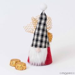 Bonnet gnome rouge carreaux noirs 2 chocolats 15 cm.