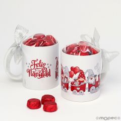 Taza cerámica tren gnomos rojos con bombones y caja regalo 