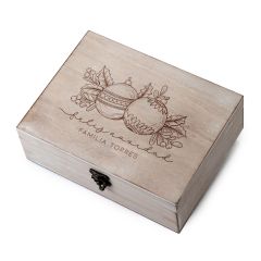 Christmas wooden box with balls and holly  different languages