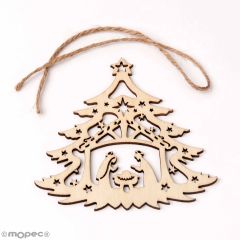 Nativity tree wooden pendant with string 10x10cm.