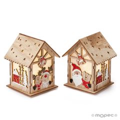 Christmas wooden house with LED 2assorted 9x12x10cm.
