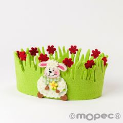 Oval basket red flowers and sheep decor 18,5x8,5x11cm