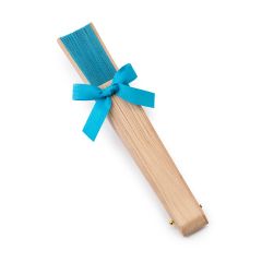 Wood fan with blue cotton fabric 23cm decorated