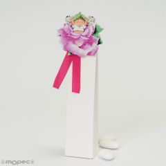 Wooden clip baby on pink flower with 3 chocolate dragées