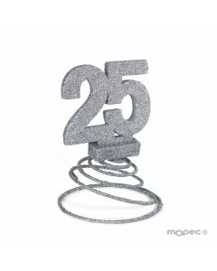 Deco. 25 aniver. purpurina plateada con muelle 10x15cm.