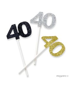 Stick 40 years assort. silver, gold and black glitter