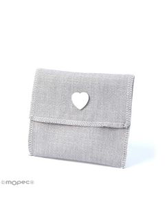 GRAY bag with wood heart 9x11cm.