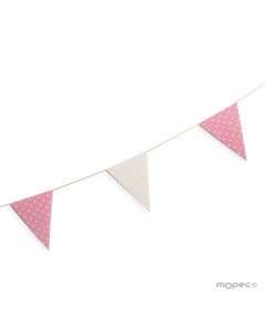 Guirnalda bandera tela 12x16cm. marfil y rosa topos 180cm.