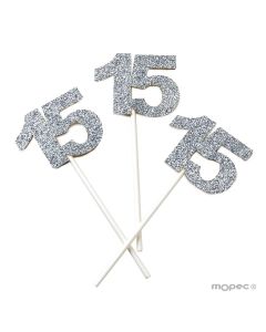 Paper stick 15 years in silver with glitter effect, bag of 6