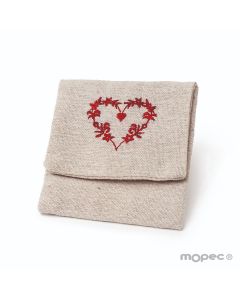 Beige bag with embroided heart 11x10cm.