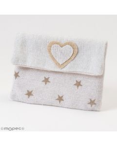 Sac en coton beige avec coeur et petites étoiles avec fermeture velcro