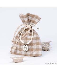 Beige squares bag  with angel bracelet and 4 candies 10x14cm
