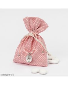 Pink polka dots bag angel bracelet 5 sugared almonds 10x14cm
